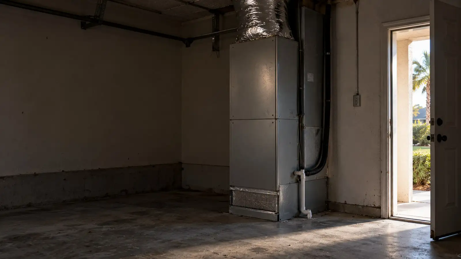 Illustration: an air handler cabinet standing in a Florida garage, insulated duct rising into the ceiling and a PVC condensate line at its base