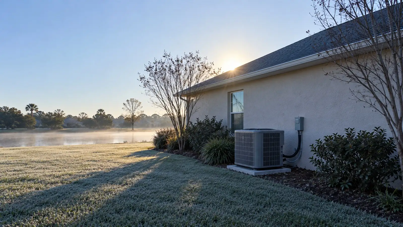 Illustration: a residential heat pump condenser beside a house on a frosty Florida morning, mist standing over the water behind it