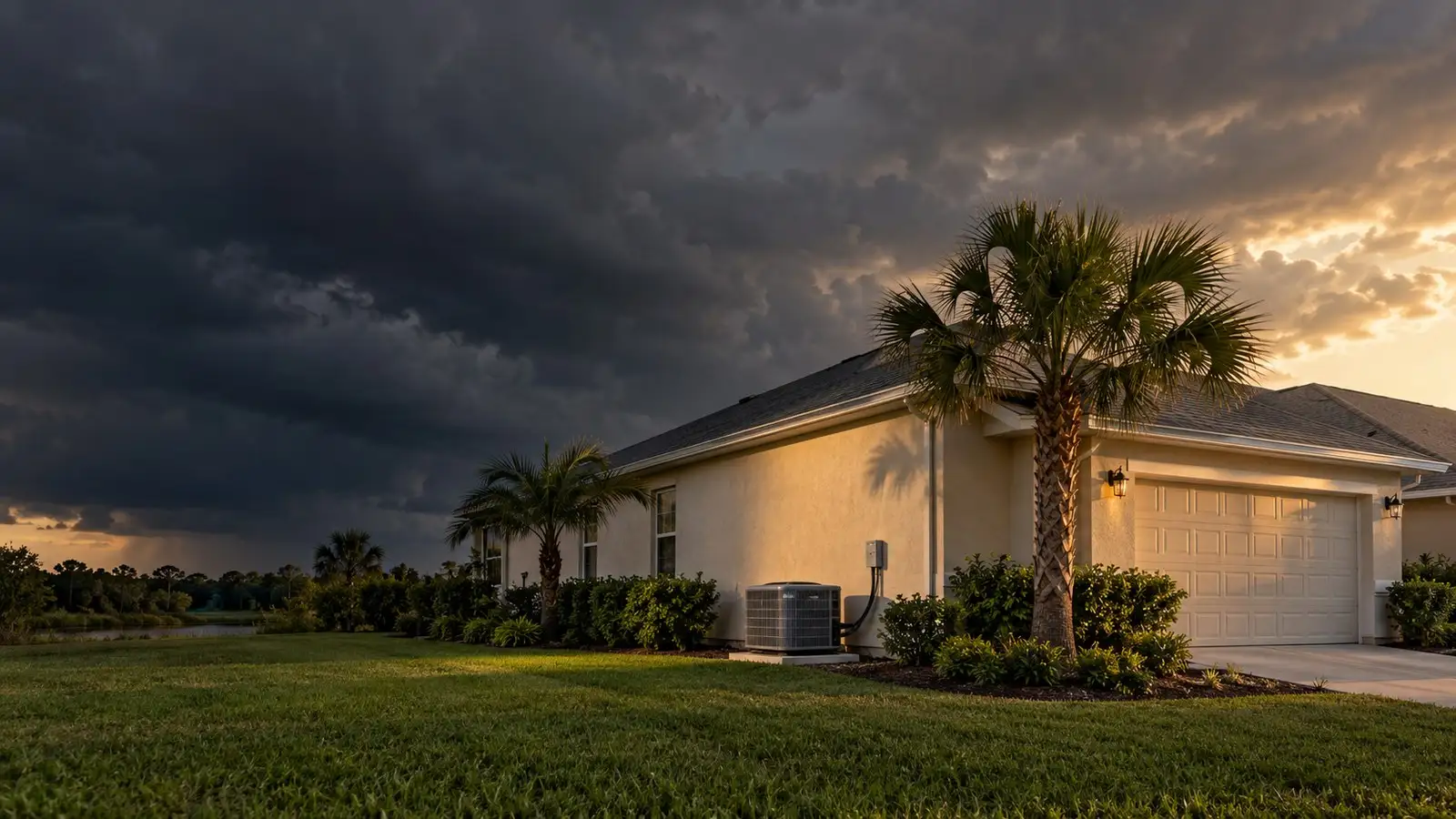 Illustration: a single-story Florida house and its outdoor condensing unit under a building storm — the typical setup behind home AC repair in Lakeland, FL