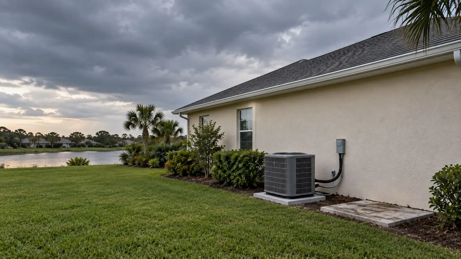 Illustration: a newly installed condensing unit on its concrete pad, beside the bare slab where the old unit stood